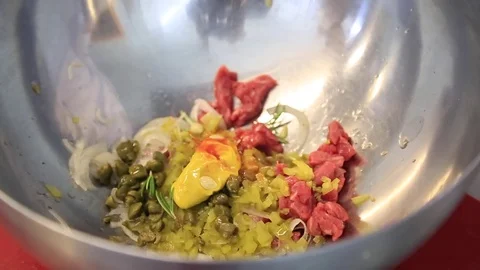 Beef  Carpaccio Preparing With Lemon Stock Footage 83587147