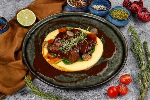 Beef cheeks with mashed potatoes Stock Photos
