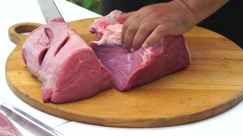 Beef fillet on the Cut Board, preparing Meat. Stock Footage 198925297