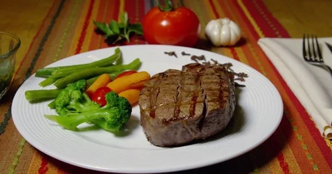 Beef Fillet Mignon Grilled And Vegetables On White Plate 29 Stock Footage 84002121