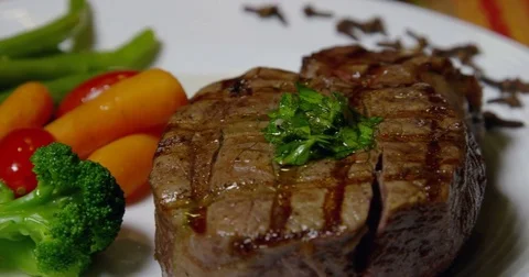 Beef Fillet Mignon Grilled And Vegetables On White Plate 34 Stock Footage 84003985