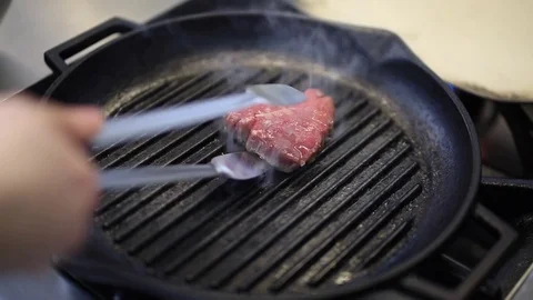 Beef Fillet Steak Placed On Smoking Hot Frying Pan Stock Footage 83587510