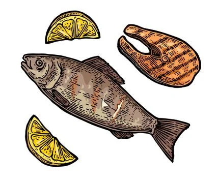 Beef grilled fish steak with lemon top view Stock Illustration