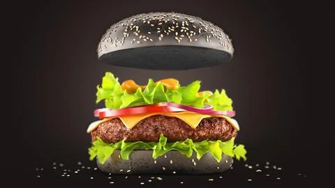 Beef hamburger with cheese and black bun mockup, dark background Stock Illustration