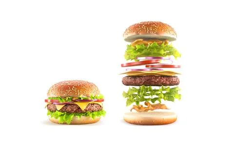 Beef hamburger with cheese and vegetables mockup ingredients, isolated Stock Illustration