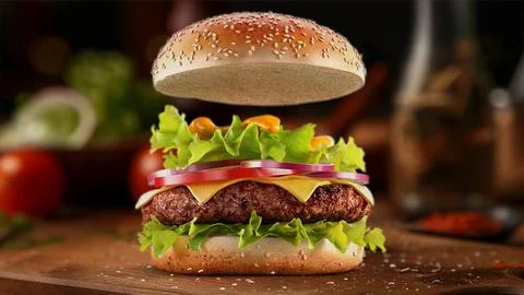 Beef hamburger with falling bun mockup on kitchen background Stock Illustration