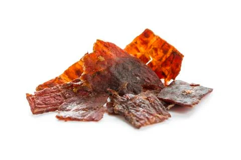 Beef jerky isolated on a white studio background Foto stock