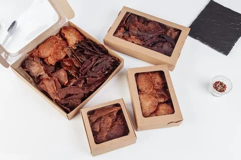 Beef jerky snack high in protein, lean meat. smoked, dried food. Stock Photos