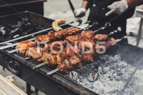 Beef kebab. Fresh meat at grill, bbq Stock Photos