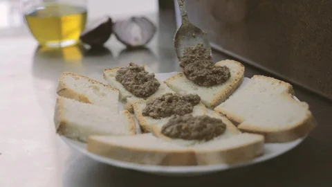 Beef livers sauce on toasted bread Stock Footage 86391871