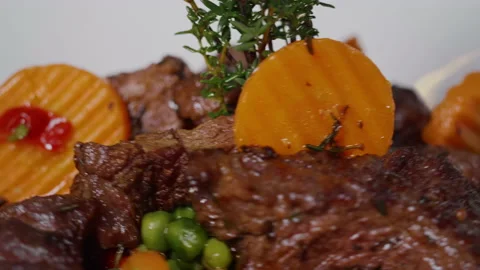 Beef Meal Presentation on White Plate Stock Footage 162234313