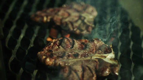 Beef Meat Cook Salt on Barbeque Brazier Close-up Stock Footage 156892620