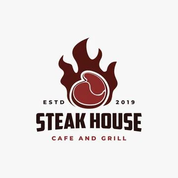 Beef meat on fire Vintage Retro Cafe Bar steak logo icon vector template Stock Illustration