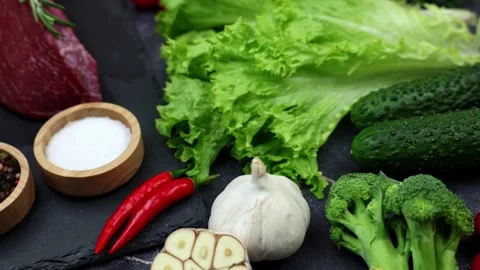 Beef meat, spices and vegetables Stock Footage 300660382