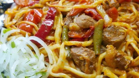 Beef with noodles, oriental cuisine Stock Footage 166344094