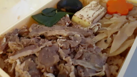 Beef over rice train bento gyudon with tofu and vegetable to eat while travel Stock Footage 242931441