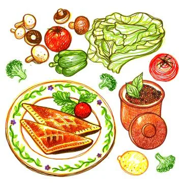 Beef Pastry Vegetable and Spice Hand Drawn Illustration Stock Illustration