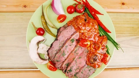 Beef on plate with peppers Stock Footage 58773987