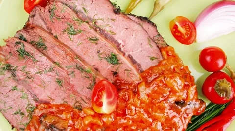 Beef on plate with peppers Stock Footage 68858720