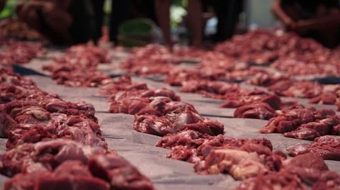 Beef preparation before distributed to inhabitants, Eid al-Adha Stock Photos