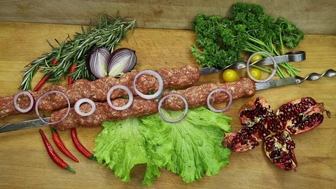 Beef, raw pieces of decor from the chef Stock Footage 130002799