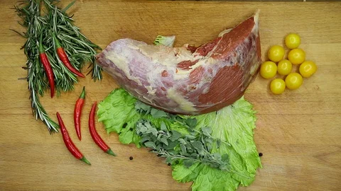 Beef, raw pieces of decor from the chef Stock Footage 130003226