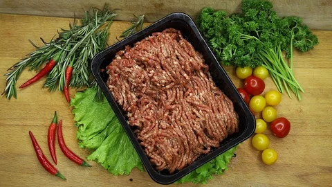 Beef, raw pieces of decor from the chef Stock Footage 130003238