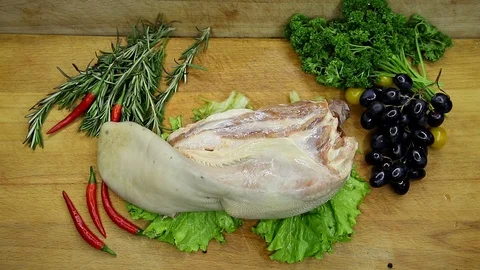 Beef, raw pieces of decor from the chef Stock Footage 130003242