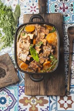 Beef ribs Bourguignon. Beef ribs stewed with carrot, onion in red wine. France Stock-Fotos