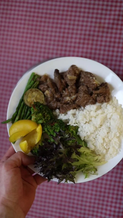 Beef rice and vegetables meal Stock Footage 340221408