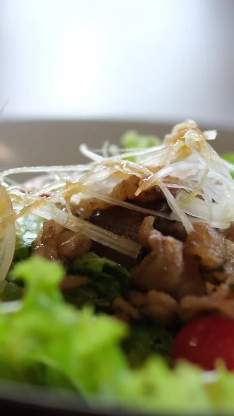 With beef salad Spicy Beef Slices Meat Salad with Carrots, Tomatoes, Cucumber Stock Footage 310439163