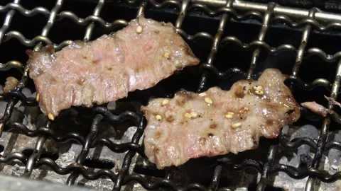 Beef sizzles on the grilling net. Stock Footage 313492734