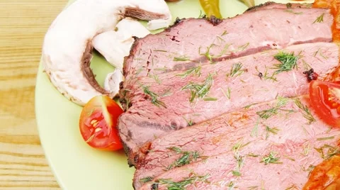 Beef slices on plate Stock Footage