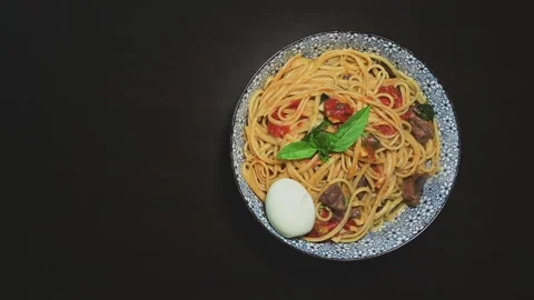 Beef Spaghetti with Rich Tomato Sauce and Fresh Basil Stock Footage 344671157