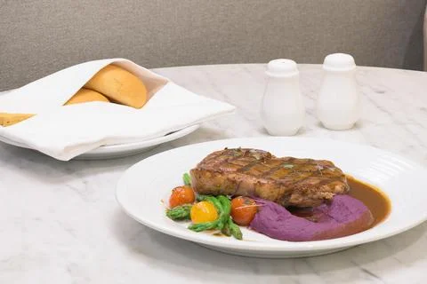 Beef Steak and Bread Stock Photos
