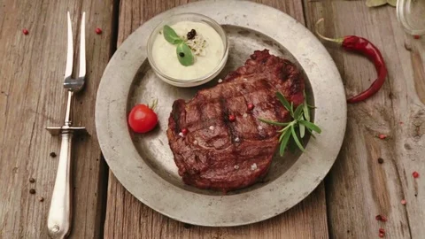 The beef steak is beautifully decorated in the restaurant. Stock Footage 80267931