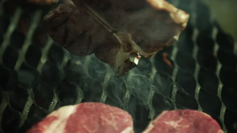 Beef Steak Cook Turn on Barbeque Brazier Closeup Stock Footage 156892889