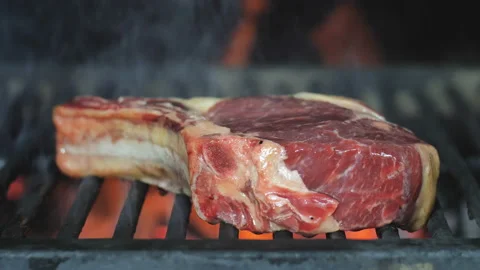 Beef steak cooking over flaming grill Stock Footage