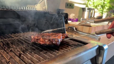 Beef steak on fire coals on iron grill in flame of smoke. Barbecue beef steak Stock Footage 304703859
