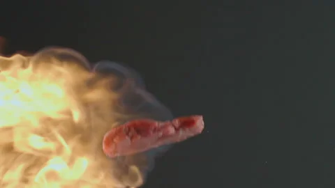 Beef steak flies up on black background with fire in slow motion Stock Footage 103300674