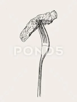 Beef steak on fork, sketch vector. Illustration