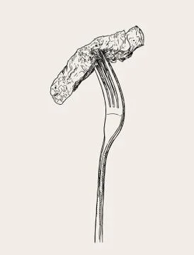Beef steak on fork, sketch vector. Stock Illustration