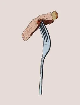 Beef steak on fork, sketch vector. Stock Illustration