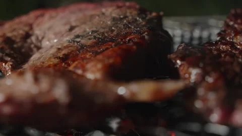 Beef steak grilling at night Stock Footage 315414272