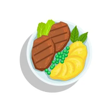 Beef Steak With Mashed Potato And Peas, Oktoberfest Grill Food Plate Illustrazione stock