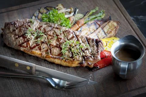 Beef Steak. Medium rare sliced grilled striploin beef steak. Stock-Fotos