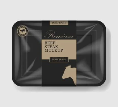 Beef steak packaging. Plastic tray container with cellophane cover. Mockup Stock Illustration