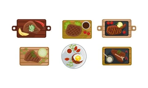 Beef steak set, grilled meat on a wooden board with sauce and ingredients, top Stock Illustration