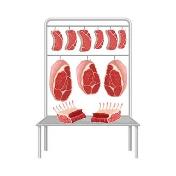 Beef Steaks and Slabs Hanging on Metal Hooks Vector Illustration Stock Illustration