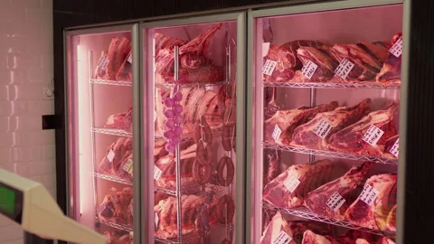 Beef steaks in dry aged meat aging in refrigerating cabinet. Vídeos de archivo 295270888